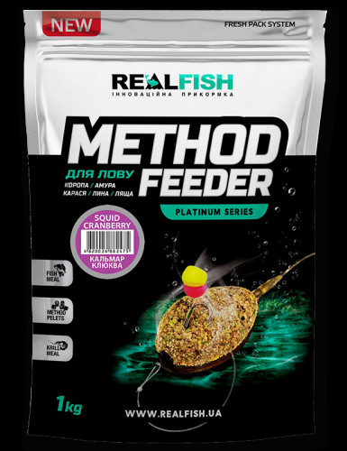 Підгодовування Real Fish Premium Series Method Feeder Squid Cranberry -Кальмар Журавлина 0.8kg